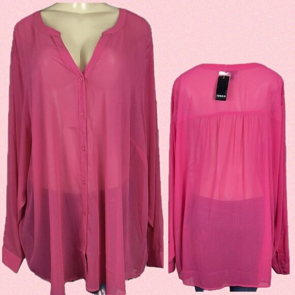 Torrid Tops - Torrid +5 Pink Split Neckline Button Down Sheer Woven Chiffon Long Sleeve Blouse